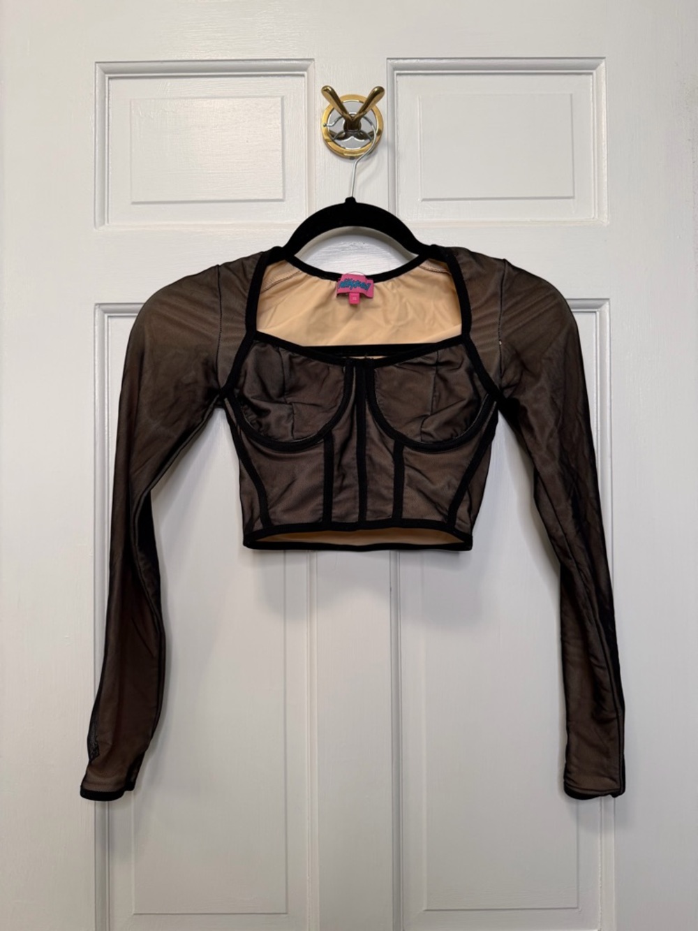 Edikted Sheer Mesh Corset Crop Top Black Long Sleeve Bustier Size XS